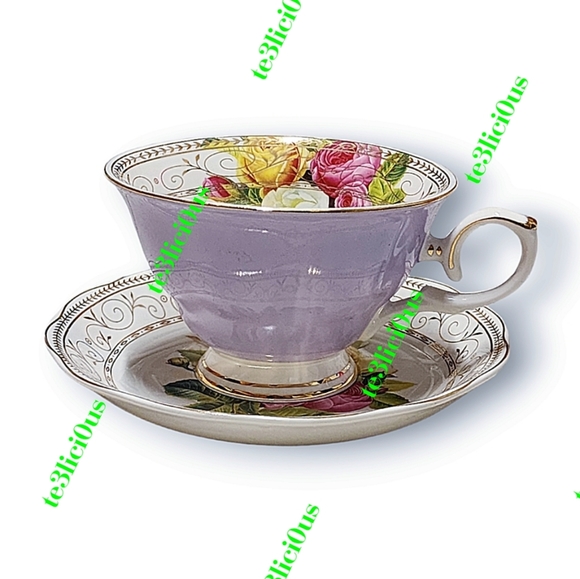 GRACE TEAWARE LAVENDER FLORAL ROSE GOLD TRIM FINE PORCELAIN TEACUP & SAUCER - Picture 7 of 15